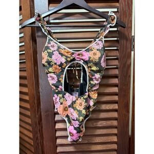 Victorias Secret Floral Metallic Cutout One Piece Swimsuit Pink Orange XS